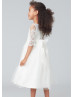 Elbow Sleeves Ivory Lace Tulle Tea Length Flower Girl Dress